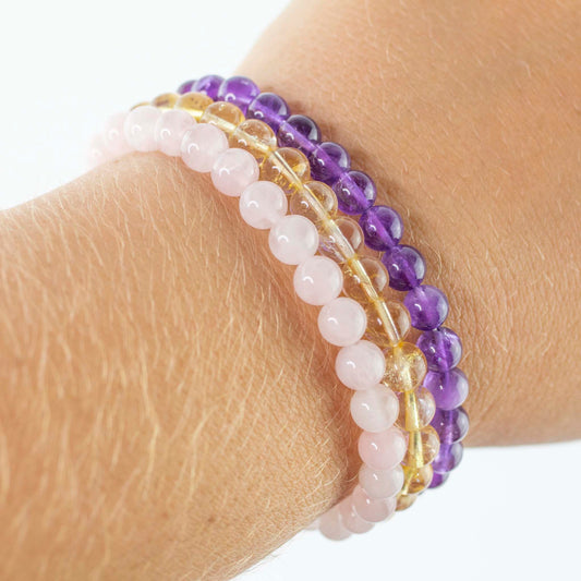 Rose Quarts, Amethyst, and Citrine Beautiful 6mm Bracelet Set - Love & Peace