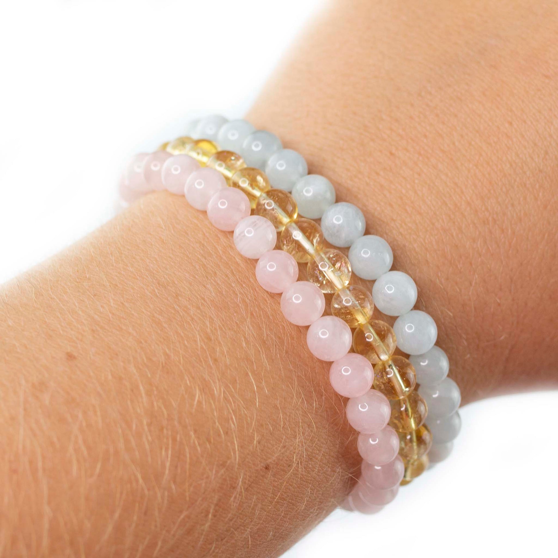Aquamarine, Rose Quartz, and Citrine Crystal Beautiful 6mm Bracelet Set Manifest Love Courage